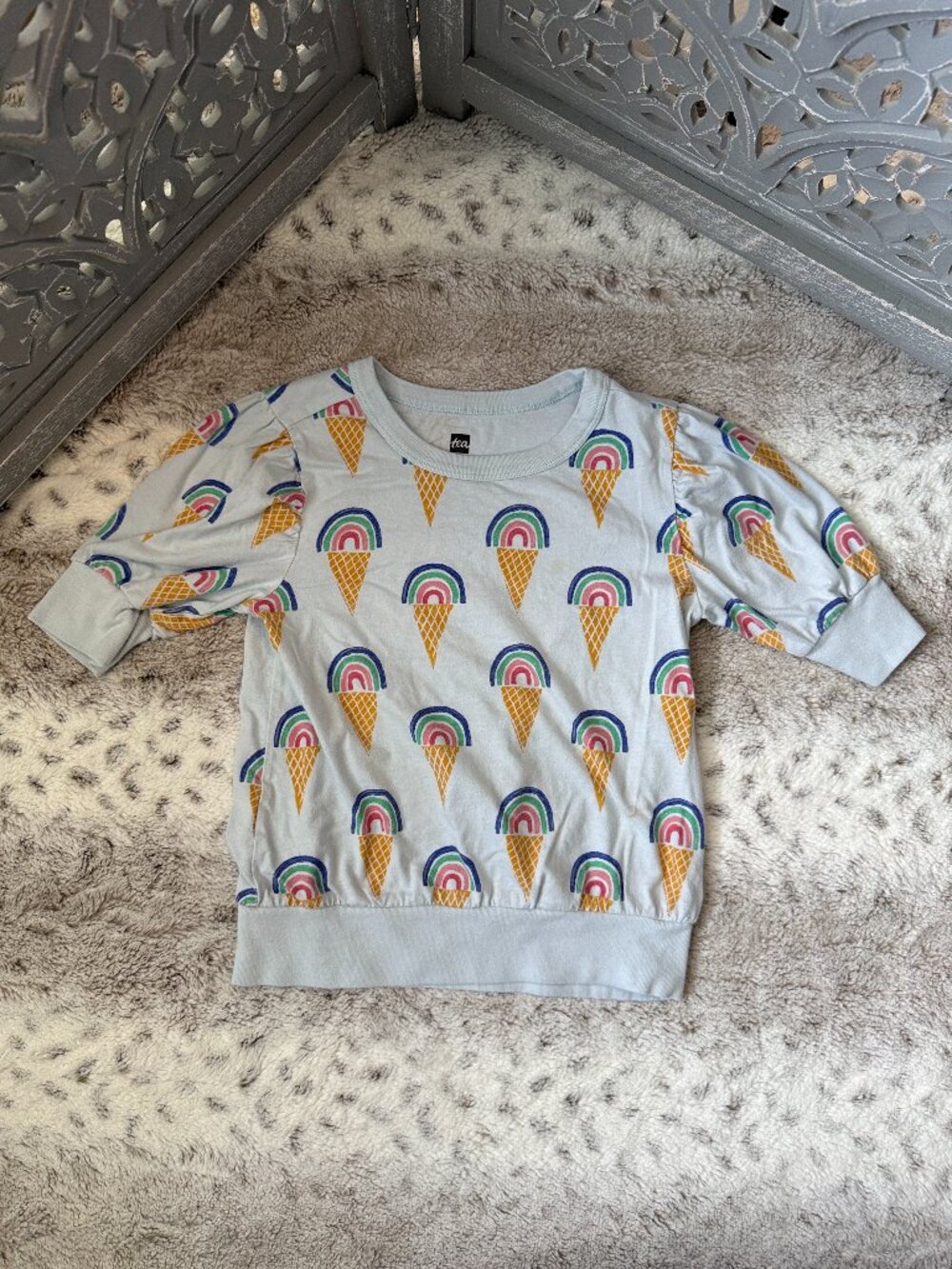 Tea Collection blue puff sleeve top girls 4T rainbow ice cream girlhoodcore